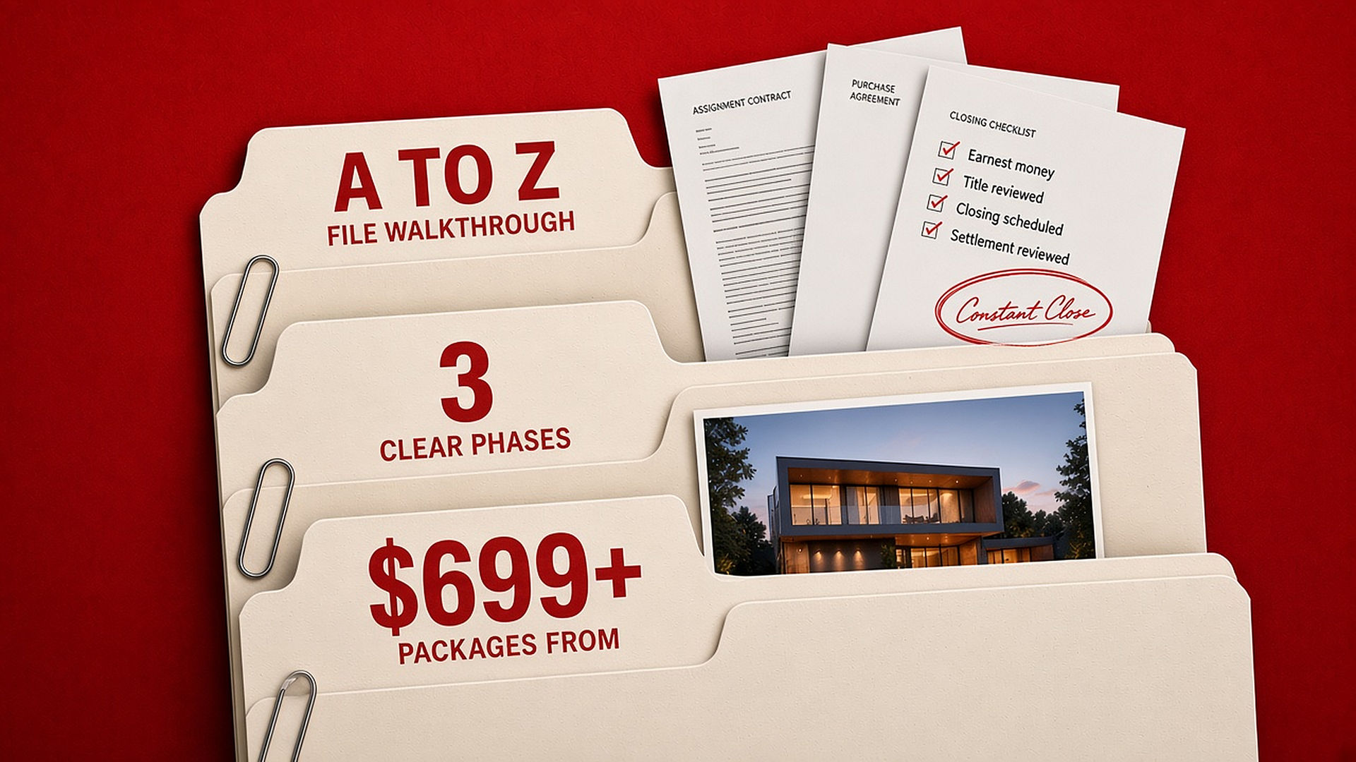 Cream file folders on red labeled A to Z file walkthrough, 3 clear phases, and packages from $699, with a closing checklist signed Constant Close.